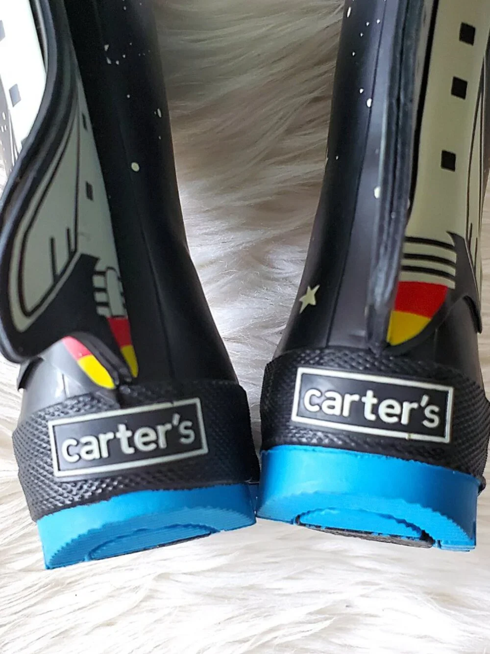 Carter's Kid's Black/Blue 4-D Space Rocket Waterproof Unisex Rain Boots SZ 4